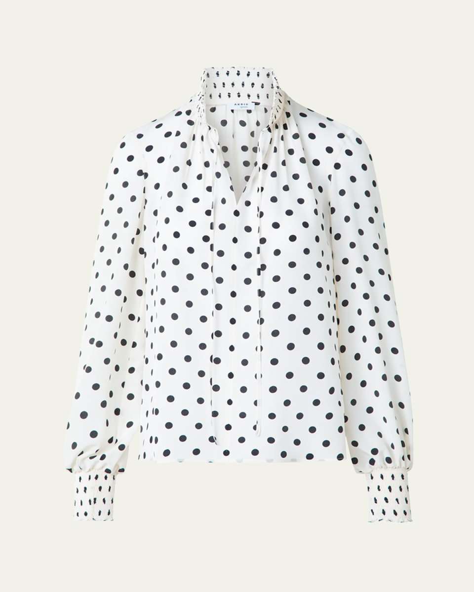 Smocked Polka Dot Silk Crepe De Chine Blouse